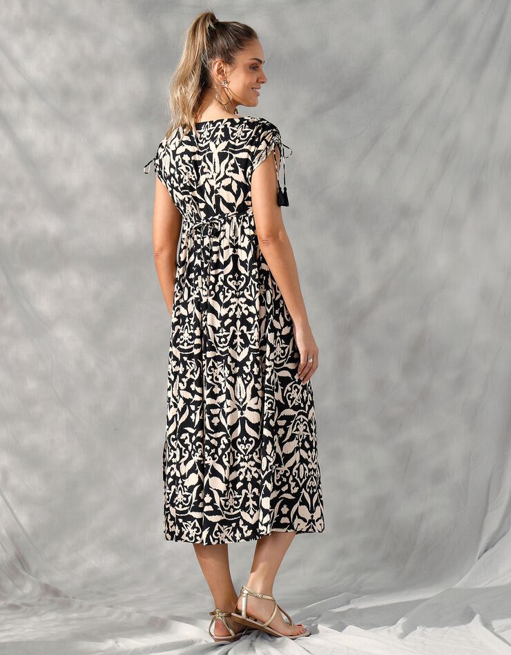 Robe longue manches courtes, imprimé ethnique bicolore (noir / beige)
