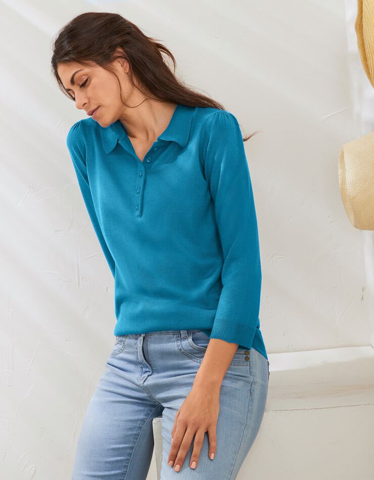 Pull col polo manches 3/4, toucher cachemire (bleu prusse) Pull col polo manches 3/4, toucher cachemire (bleu prusse)