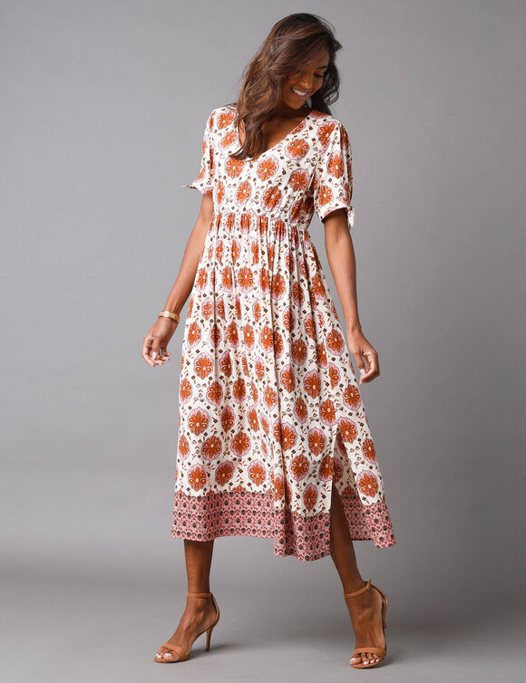Robe longue imprimée, mancherons à nouer (beige / caramel)
