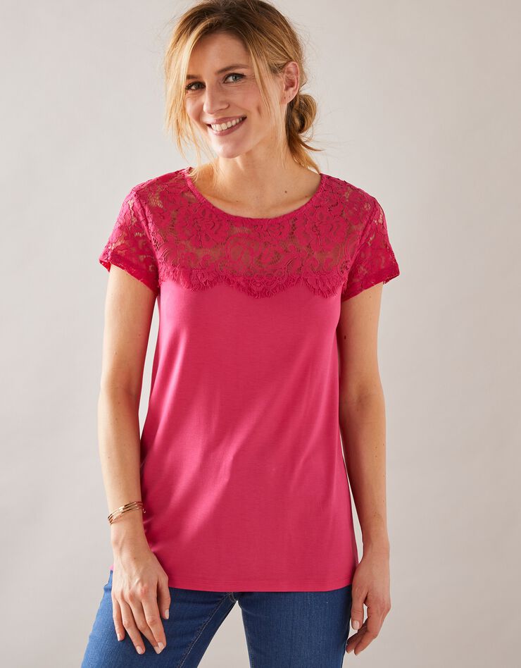 Tee-shirt dentelle col rond manches courtes (framboise) Tee-shirt dentelle col rond manches courtes (framboise)