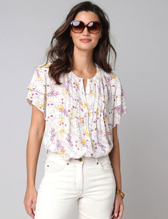 Chemisier manches courtes papillon, cr&eacute;pon imprim&eacute; fleuri (blanc / violet)