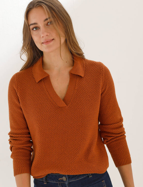 Pull col polo, maille fantaisie  (caramel)