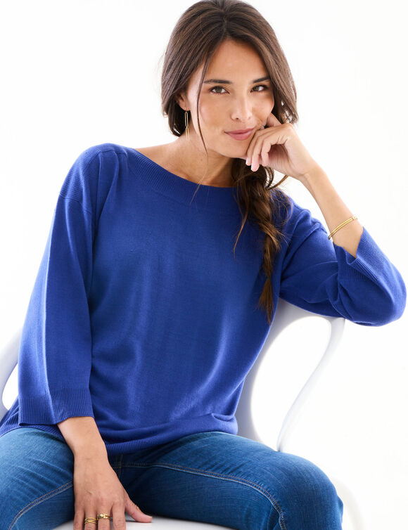Pull col bateau manches 3/4, toucher doux (bleu dur)