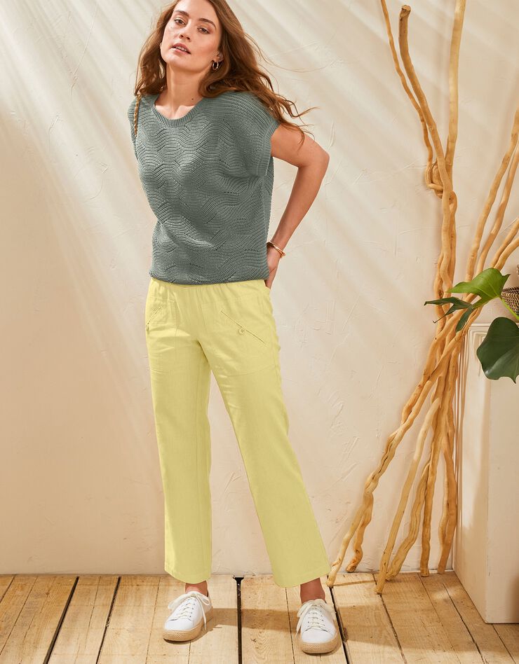 Pantalon coupe droite 7/8ème taille élastiquée, lin coton (anis) Pantalon coupe droite 7/8ème taille élastiquée, lin coton (anis)