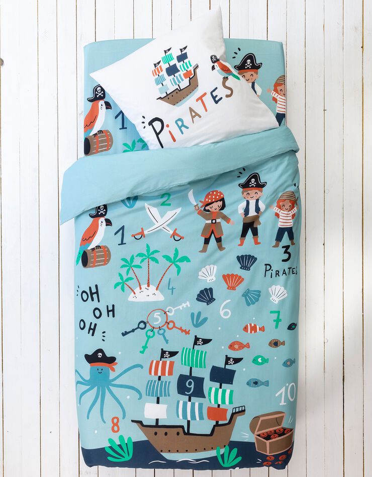 Linge de lit enfant Pirates imprimé en coton (bleu)