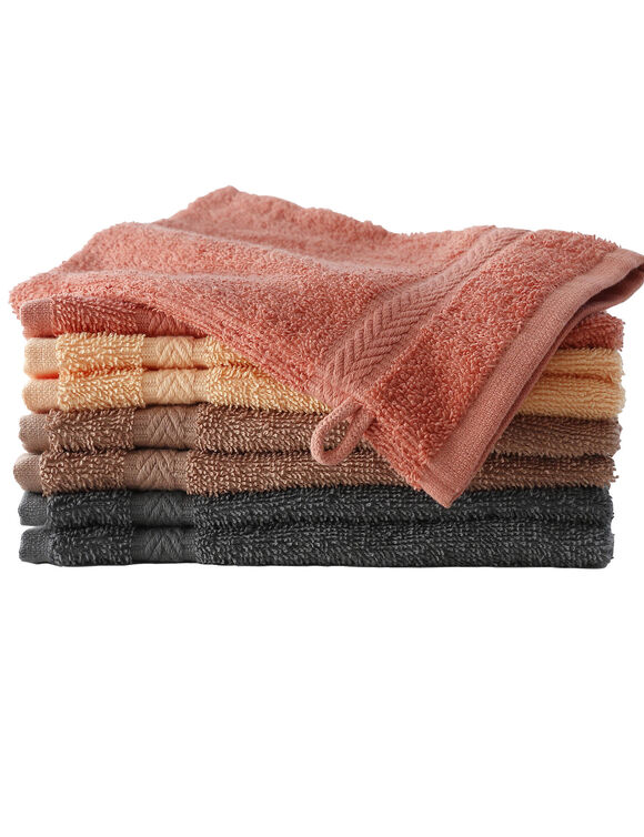 Gant de toilette coton 420 gr/m² coloris boisé - lot de 8 (châtaigne + abricot + anthracite + tomette)