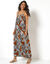 Robe longue fluide &agrave; fines bretelles, imprim&eacute; l&eacute;opard et v&eacute;g&eacute;tal (noir / caramel)