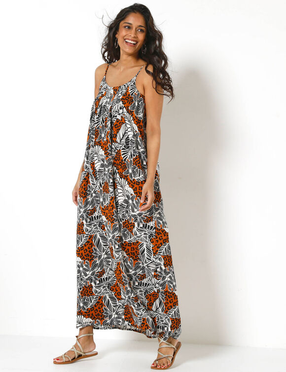 Robe longue fluide &agrave; fines bretelles, imprim&eacute; l&eacute;opard et v&eacute;g&eacute;tal (noir / caramel)