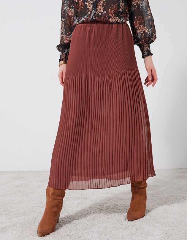 Jupe petite stature voile plissé uni, polyester recyclé(1) (caramel)