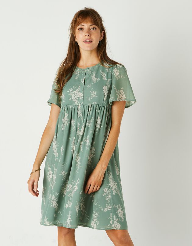 Robe évasée, voile imprimé bicolore (vert / écru)
