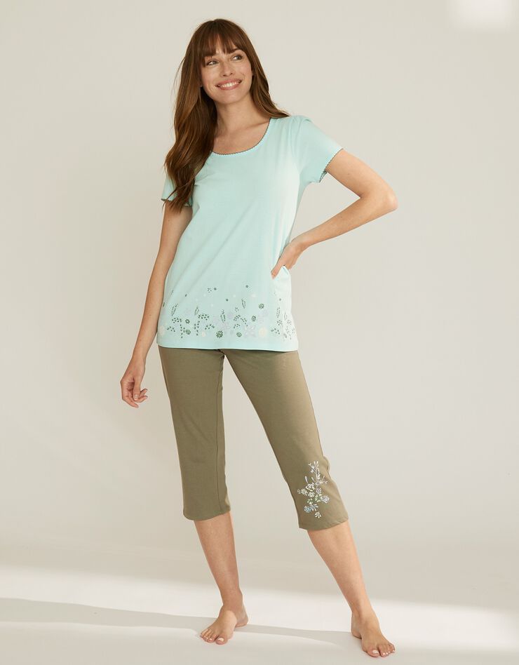 Tee-shirt de pyjama manches courtes imprimé base fleurs (aqua)