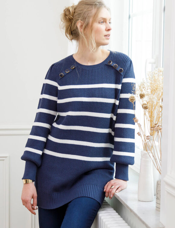 Pull tunique boutons fantaisie, rayé (marine / écru)