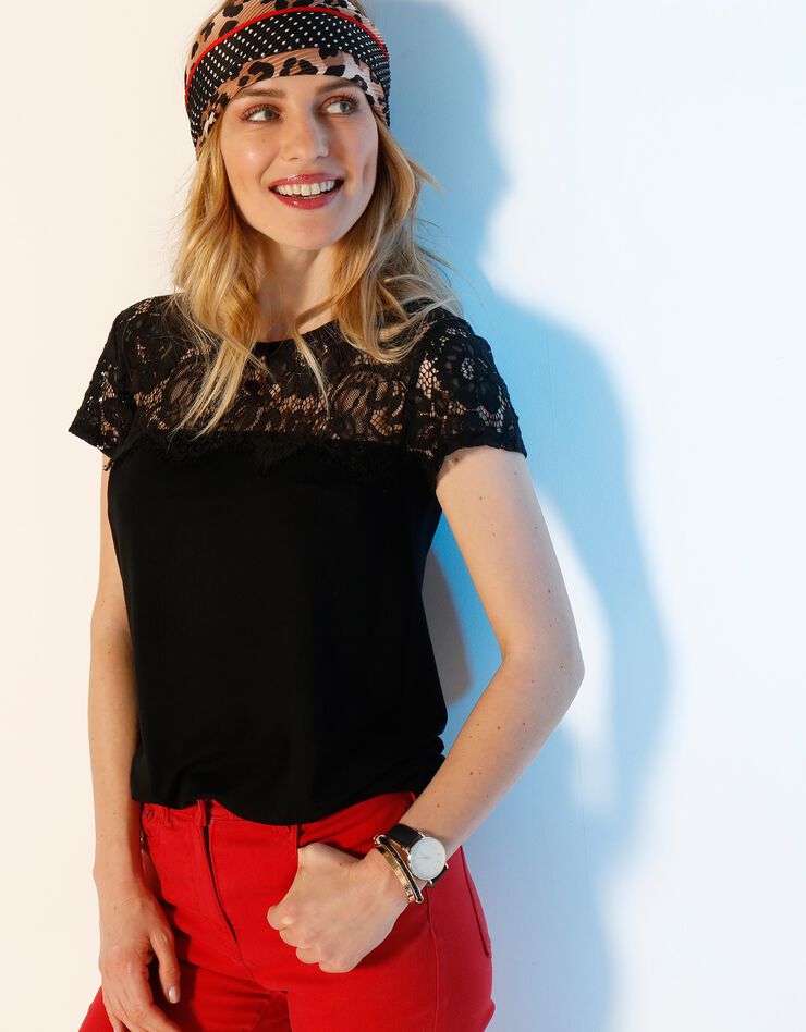 Tee-shirt dentelle col rond manches courtes (noir) Tee-shirt dentelle col rond manches courtes (noir)