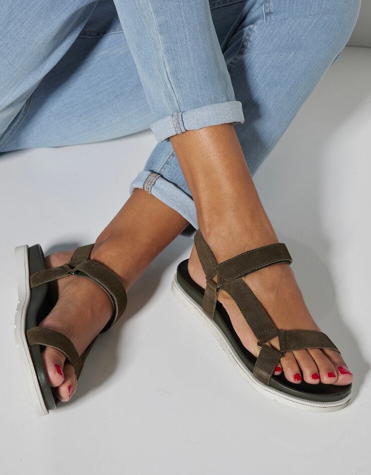 Sandales scratchées largeur confort en cuir style rando (kaki)