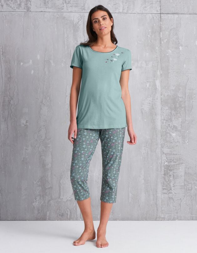 Tee-shirt pyjama coton fleuri manches courtes (amande)