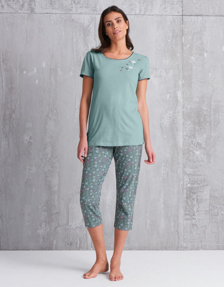 Tee-shirt pyjama coton fleuri manches courtes (amande) Tee-shirt pyjama coton fleuri manches courtes (amande)