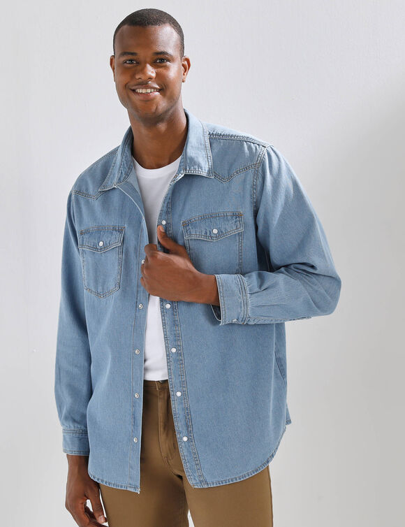 Chemise pressionn&eacute;e manches longues en jean (bleached)