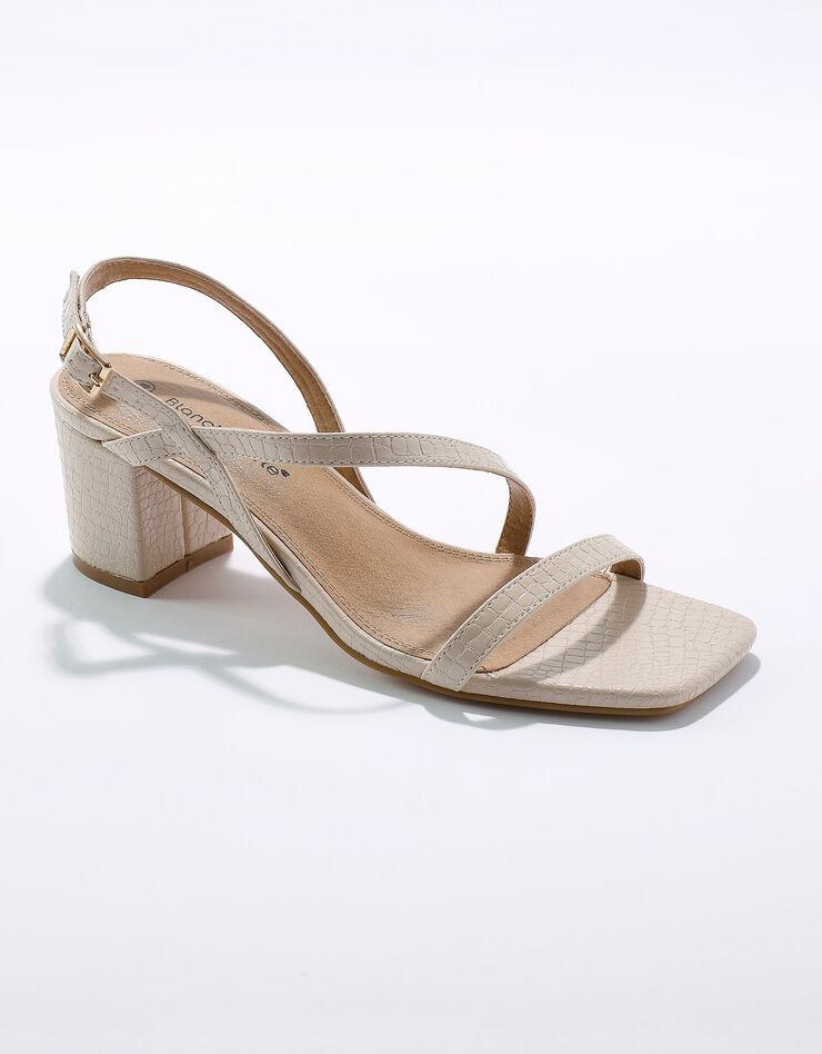 Sandales à fines brides effet croco et talon carré (crème)