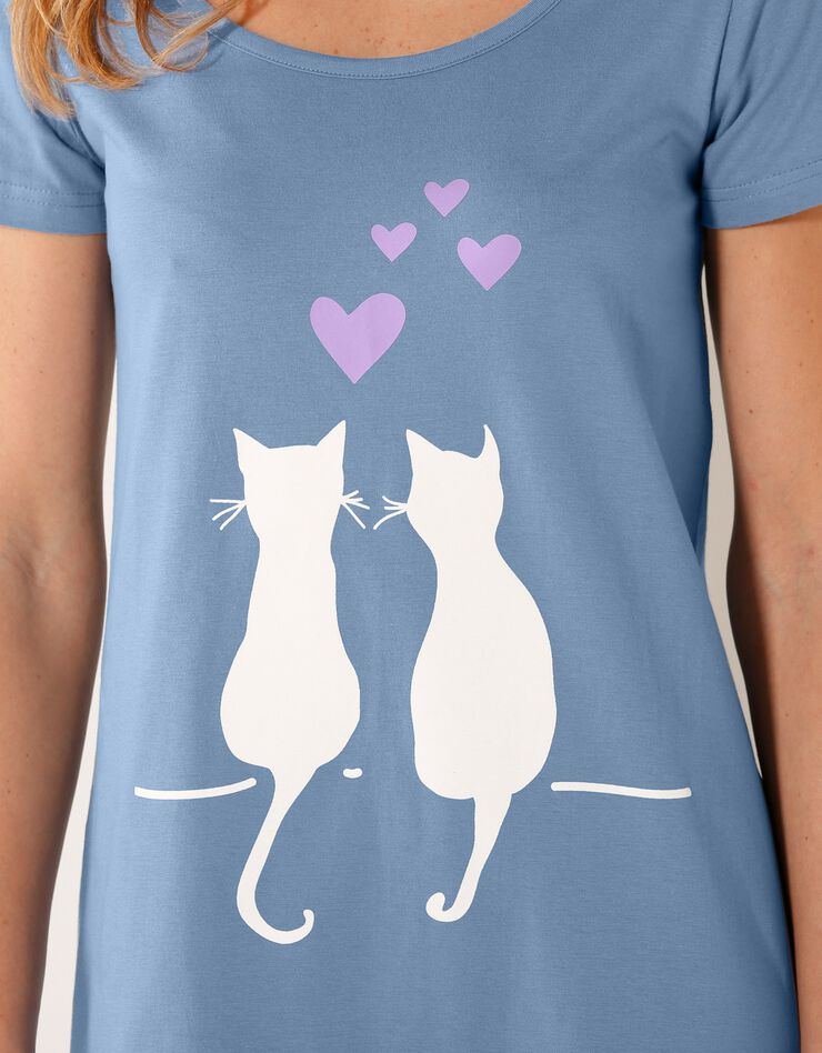 Chemise de nuit courte imprimé couple chats (bleu) Chemise de nuit courte imprimé couple chats (bleu)