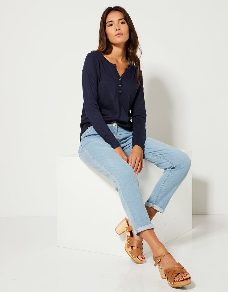 Tee-shirt col tunisien manches longues, uni (marine) Tee-shirt col tunisien manches longues, uni (marine)