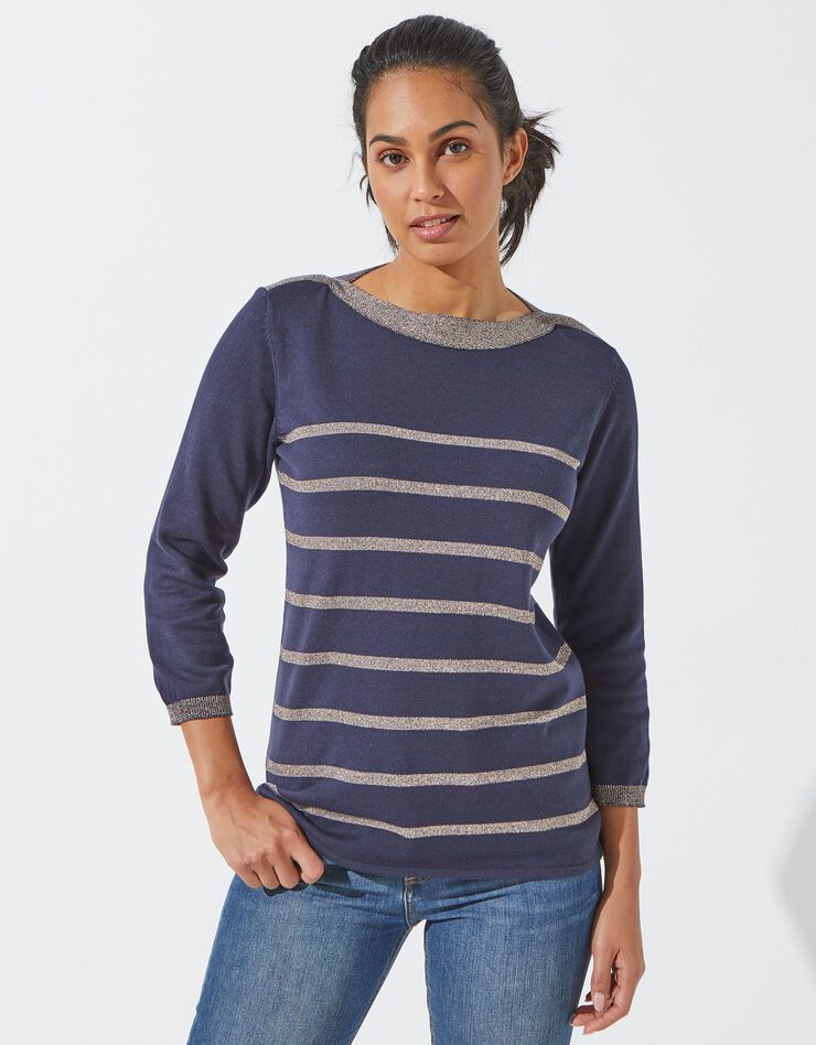 Pull col bateau rayures fils brillants (marine / doré) Pull col bateau rayures fils brillants (marine / doré)