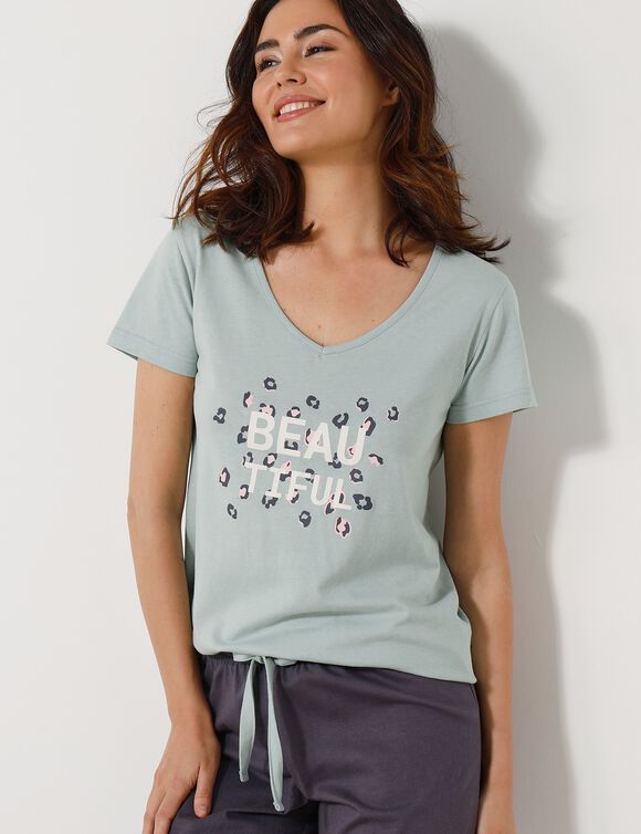 Tee-shirt manches courtes coton uni imprimé placé "Beautiful" (céladon)