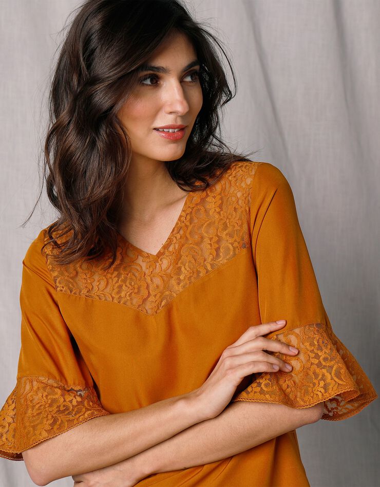 Blouse manches aux coudes dentelle et microfibre (ocre) Blouse manches aux coudes dentelle et microfibre (ocre)