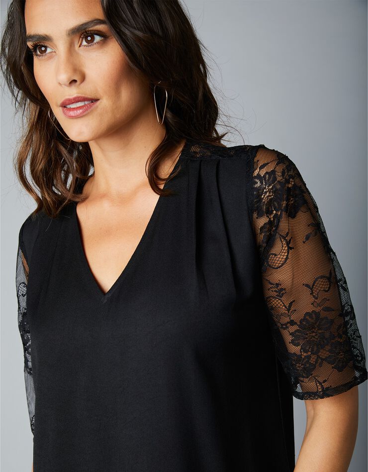 Robe évasée unie à manches coudes dentelle (noir) Robe évasée unie à manches coudes dentelle (noir)