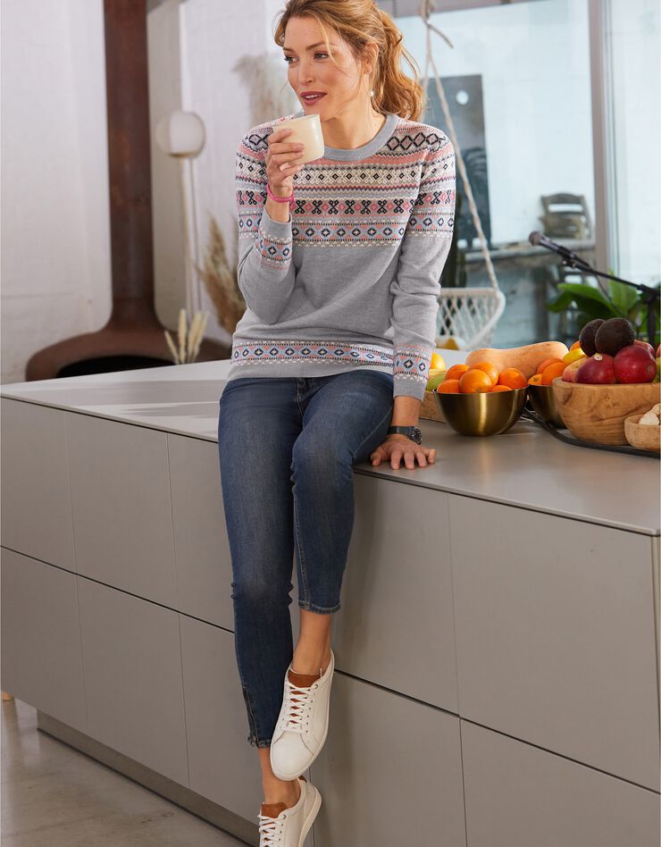 Pull jacquard col rond, laine d'agneau (gris chiné) Pull jacquard col rond, laine d'agneau (gris chiné)