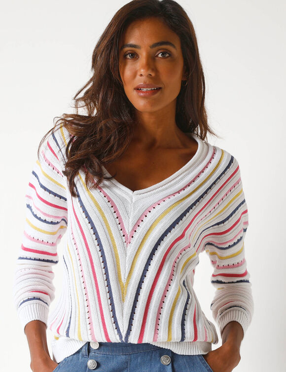 Pull V maille fantaisie, rayures graphiques (blanc / multicolore)