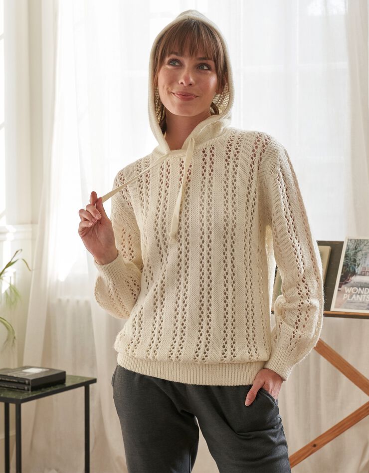 Pull à capuche maille ajourée (écru) Pull à capuche maille ajourée (écru)