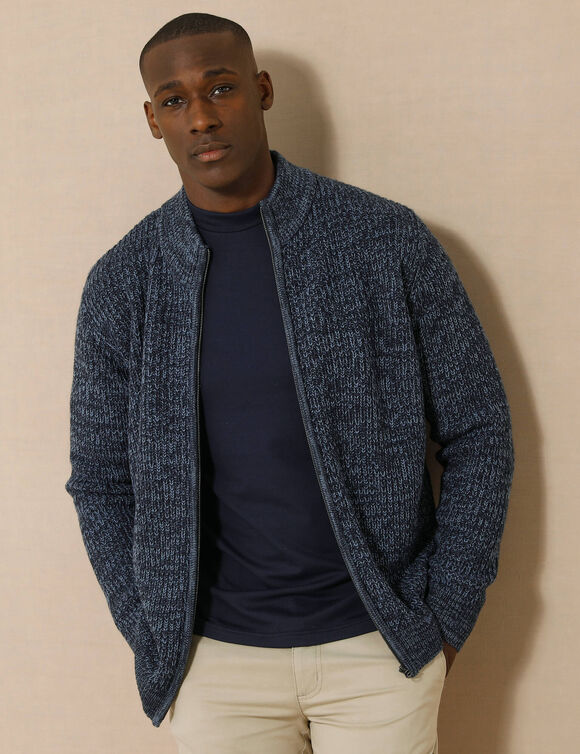 Gilet zippé côte anglaise 30% laine (bleu mouliné)