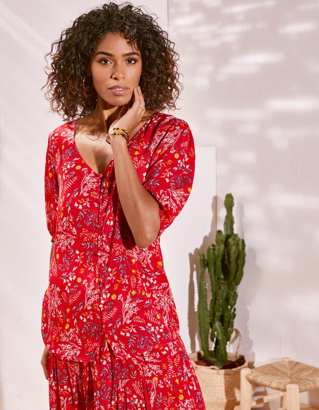 Blouse boutonnée imprimé fleuri, crépon (rouge)