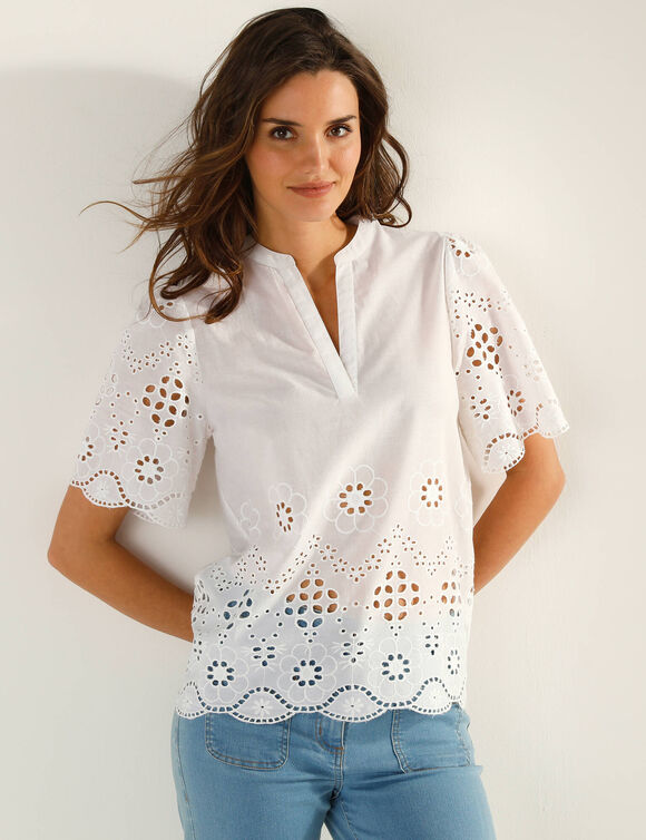Blouse col tunisien manches courtes, broderie anglaise (blanc)