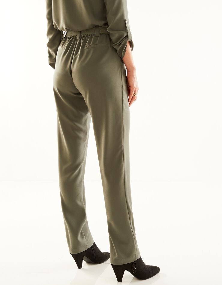 Pantalon uni crêpe fluide ceinture dorée (kaki)