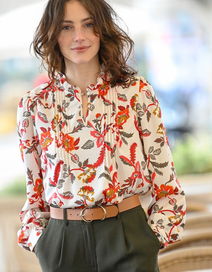 Blouse à plis manches longues imprimée (beige / rouge / kaki) Blouse à plis manches longues imprimée (beige / rouge / kaki)