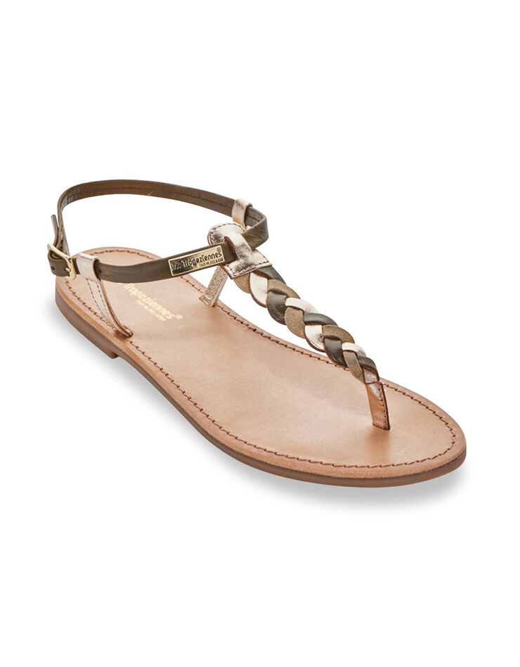 Sandales plates entre-doigt en cuir tressé Hodin (kaki)