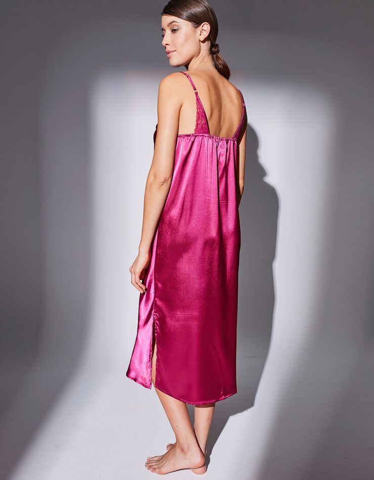 Nuisette longue satin et dentelle - col bénitier (framboise)