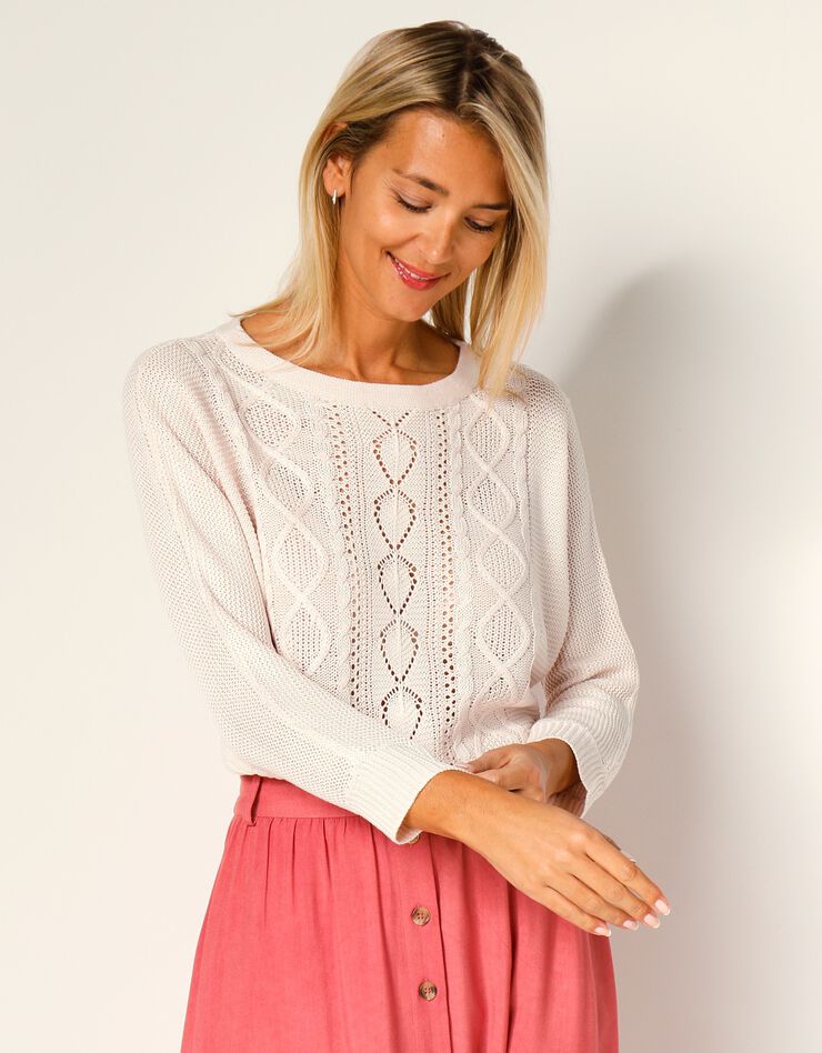 Pull torsadé manches 3/4, spécial petites (écru) Pull torsadé manches 3/4, spécial petites (écru)