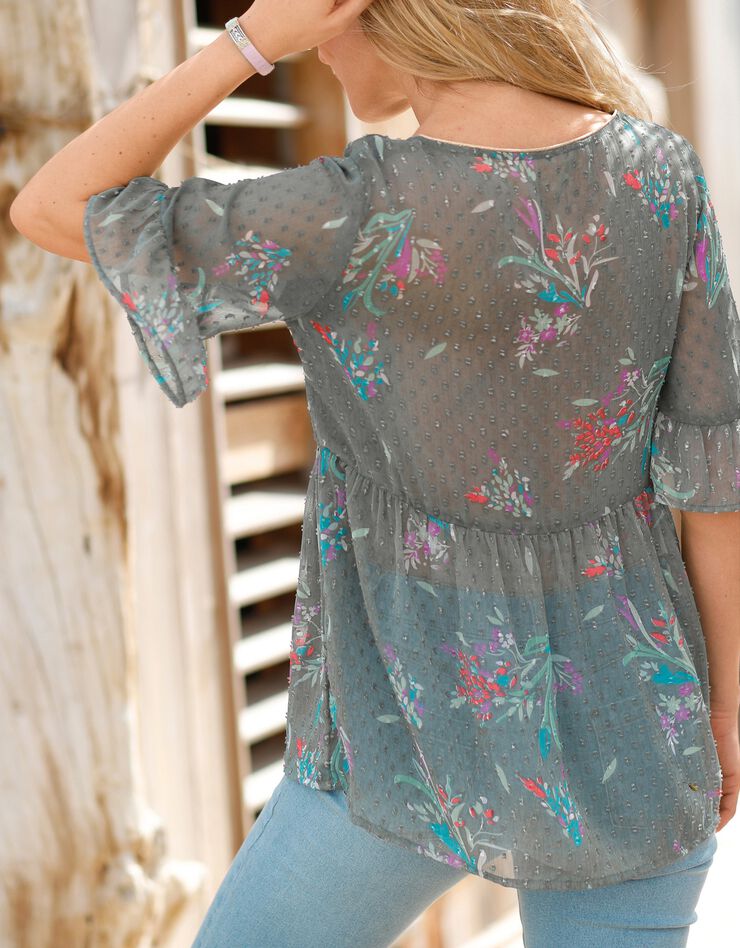 Blouse plumetis imprimée col V biais doré (kaki) Blouse plumetis imprimée col V biais doré (kaki)