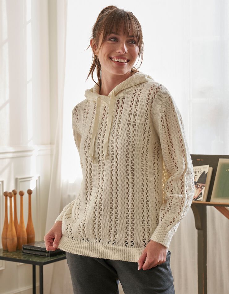 Pull à capuche maille ajourée (écru) Pull à capuche maille ajourée (écru)