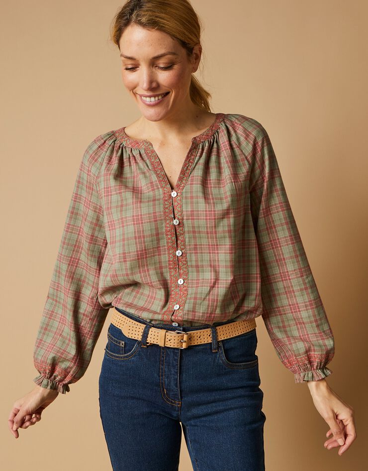 Blouse boutonnée brodée imprimée carreaux (kaki / rose) Blouse boutonnée brodée imprimée carreaux (kaki / rose)