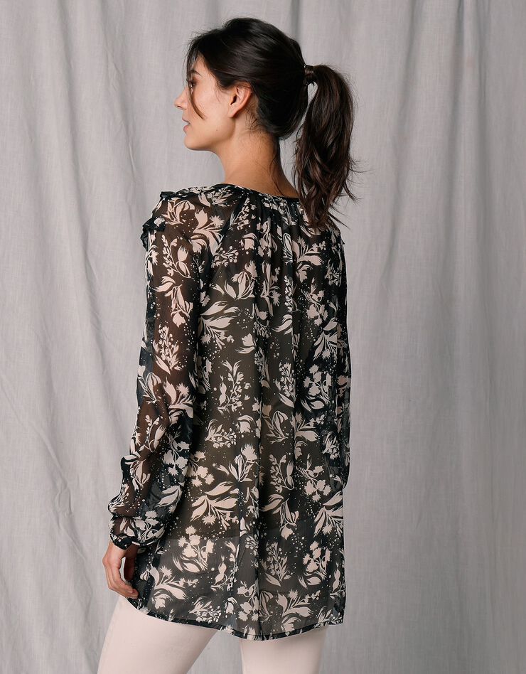 Blouse ample manches longues voile imprimé (noir / écru) Blouse ample manches longues voile imprimé (noir / écru)