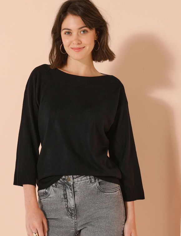 Pull col bateau manches 3/4, toucher doux (noir)