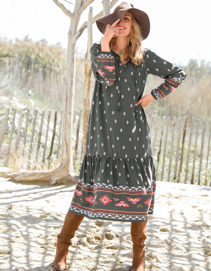 Robe longue volantée imprimé folk (bronze / paprika)