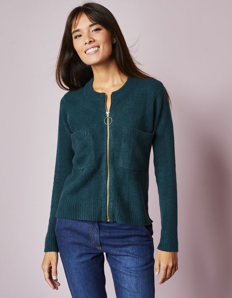 Cardigan zippé poches, maille moulinée (vert émeraude) Cardigan zippé poches, maille moulinée (vert émeraude)