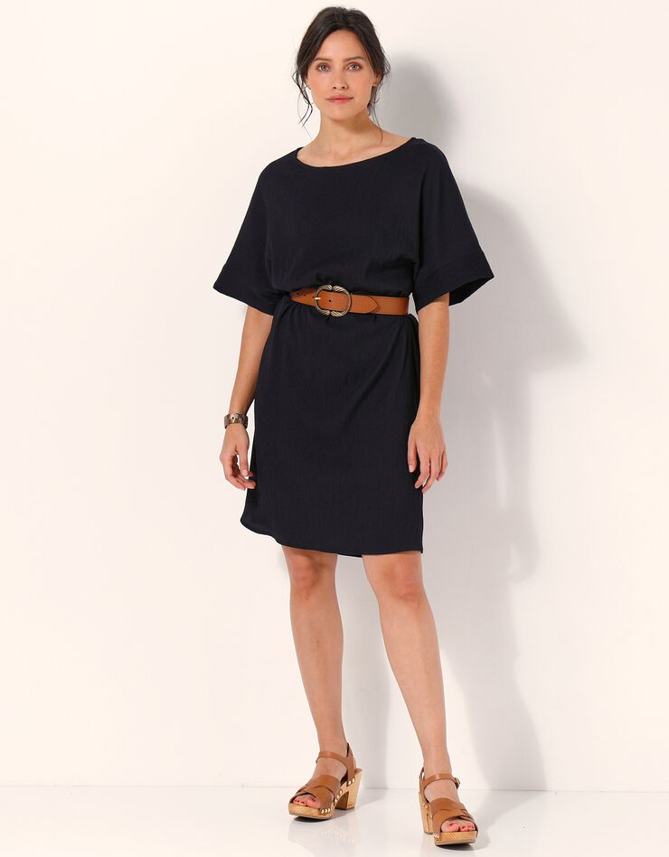 Robe forme housse unie manches courtes tissu texturé (noir) Robe forme housse unie manches courtes tissu texturé (noir)