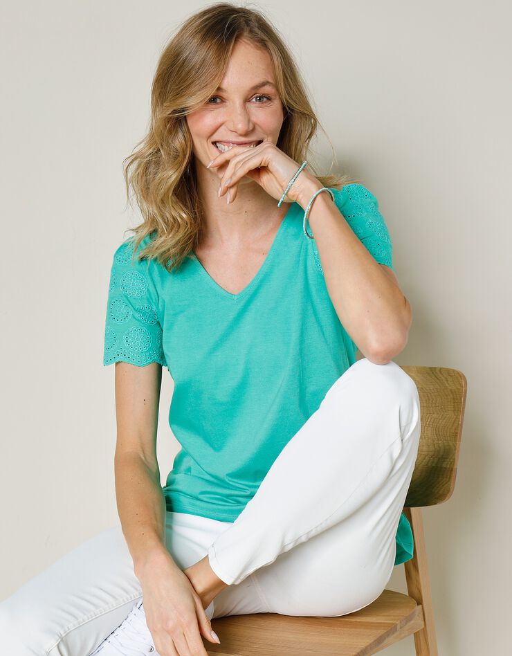Tee-shirt col V, manches courtes broderie anglaise (menthe)