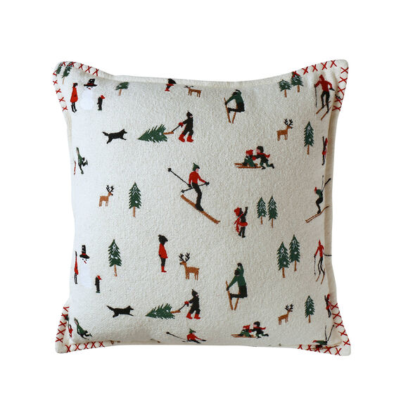 Coussin coton bouclette, broderies skieurs (écru / rouge / vert)