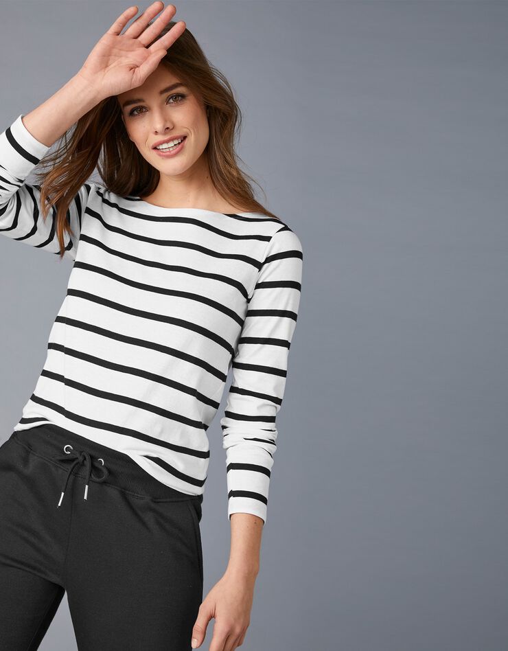 Tee-shirt marinière manches longues en coton bio, éco-responsable (blanc / noir) Tee-shirt marinière manches longues en coton bio, éco-responsable (blanc / noir)